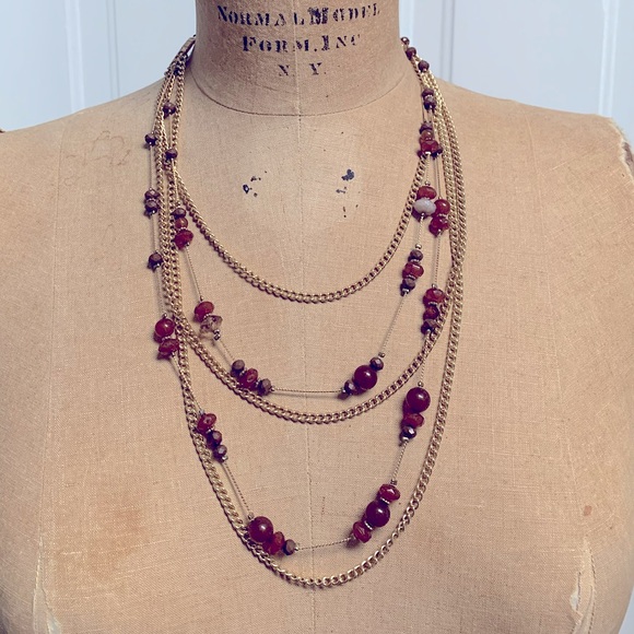 RETRO COSTUME JEWELRY MULTI STRAND STATEMENT NECKLACE GOLD TONE CHAINS WITH GEMS - Picture 2 of 5